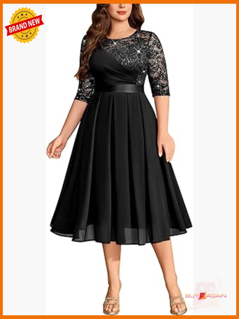 Plus Size Sequin Lace Pleated Chiffon Midi Dress For Wedding Guest & Formal